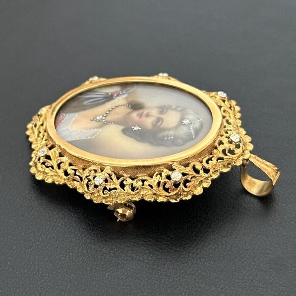 18K Yellow Gold Antique Intricate Filigree Diamond Portrait Cameo Pin Pendant - Picture 13 of 15